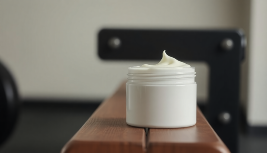 Masculine shot of non descript conditioning cream on bench