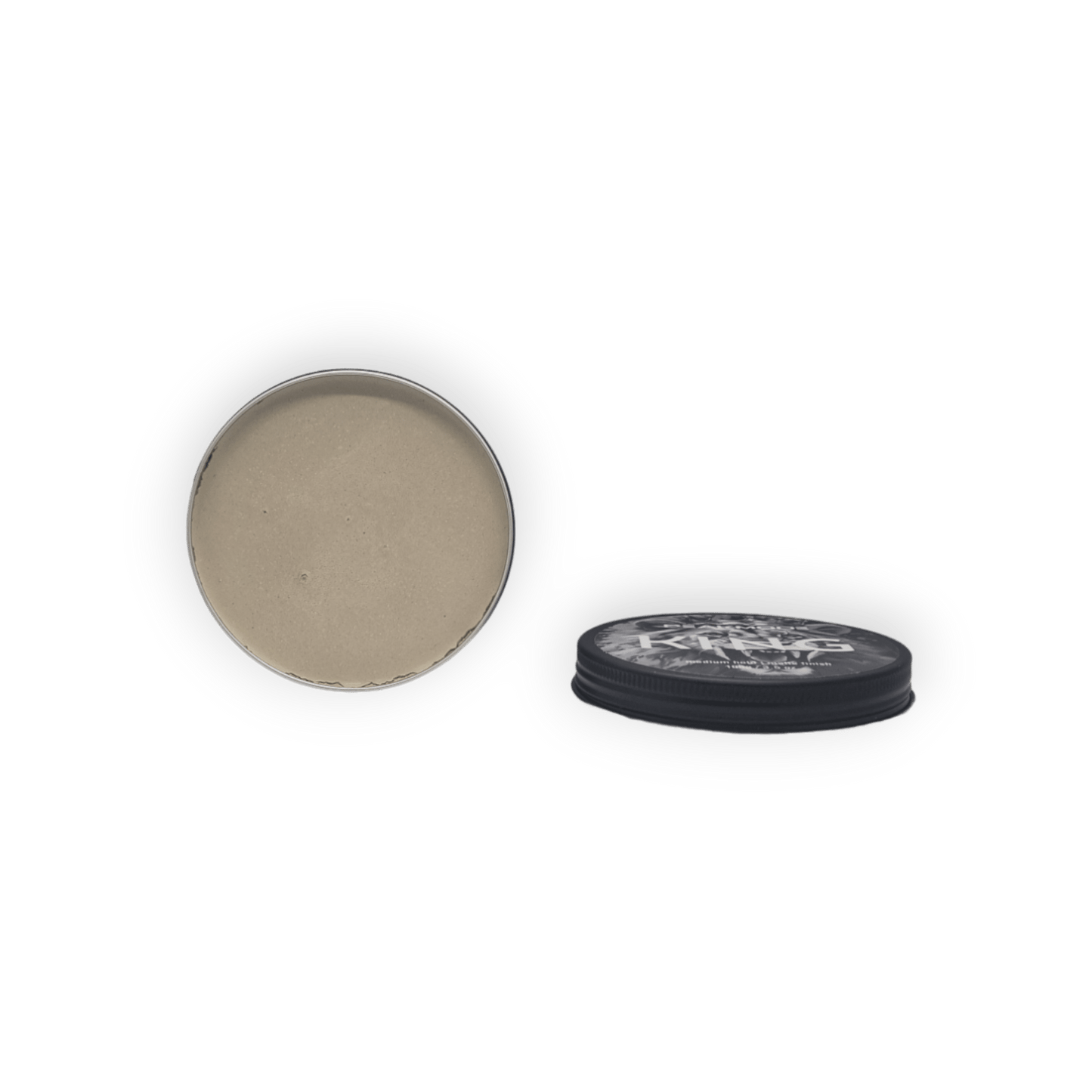 PEAKMODE matte hair clay for men open container showing light brown styling clay and black lid